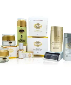 Discover the LIGHT COMPLEXION RANGE—skincare and supplements by Babe Falcon, featuring creams, a whitening booster, pills, soap, and bottles in white and gold packaging for a radiant, lighter complexion.