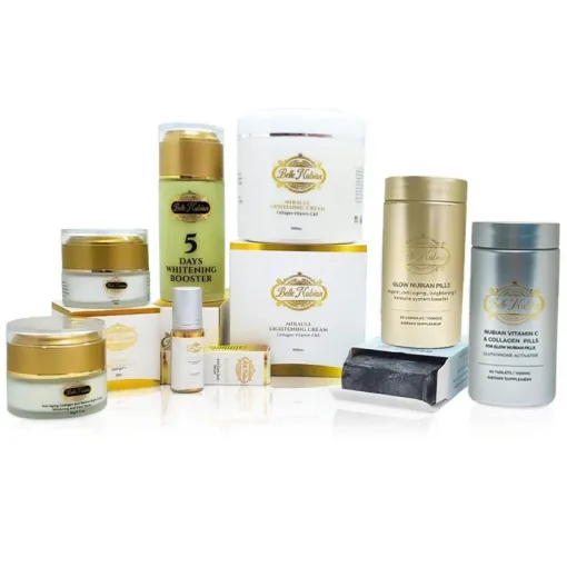 Discover the LIGHT COMPLEXION RANGE—skincare and supplements by Babe Falcon, featuring creams, a whitening booster, pills, soap, and bottles in white and gold packaging for a radiant, lighter complexion.