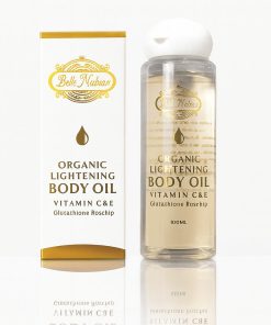 A clear bottle and box of LIGHTENING OIL FOR THE BODY (100ml) with Vitamin C & E, Glutathione, and Rosehip are shown on a white background—a premium organic skin lightening oil.