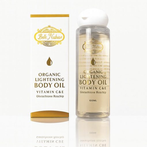 Un flacon de 100ml de Belle Nubian HUILE ÉCLAIRCISSANTE POUR LE CORPS avec Vitamine C, E, Glutathione, et Rose musquée à côté de son emballage.