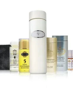 Une sélection de l'ENSEMBLE ECLAT MIRACLE (AVEC HUILE CORPORELLE BIOLOGIQUE) - des bouteilles, des pots, une savonnette noire et deux ampoules - présentée en rangées sur un fond blanc.