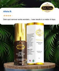 Un flacon et une boîte de SÉRUM CONTRE LES TÂCHES SOMBRES BELLE NUBIAN sont présentés sur une surface en bois, avec, au-dessus, les détails du produit et un avis de client soulignant son efficacité pour réduire les taches sombres.