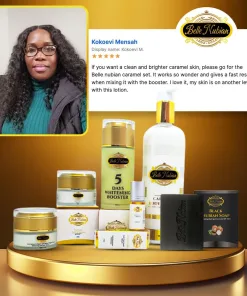 La photo d'une femme et l'avis d'une cliente apparaissent au-dessus des produits de soin Belle Nubian - dont des crèmes, des lotions, des savons et des SÉRUM CONTRE LES TÂCHES SOMBRES BELLE NUBIAN - élégamment disposés sur une plateforme dorée.