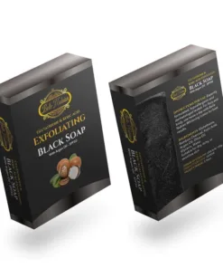 Two boxes of NEW BLACK SOAP WITH ARGAN OIL, enhanced with the nourishing benefits of argan oil, displayed in sleek black packaging featuring product details on the front and ingredient images on the back.