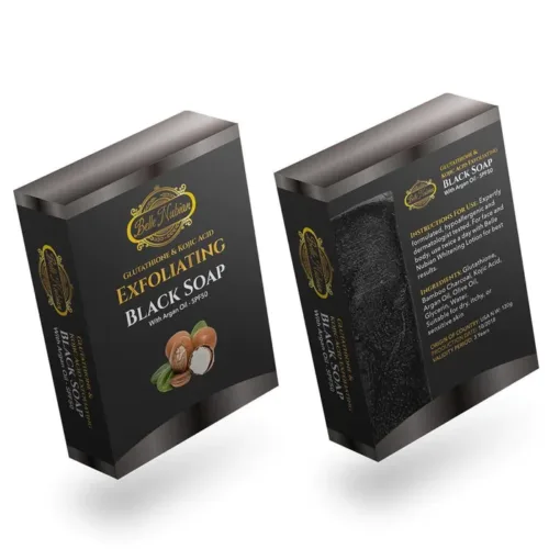 Two boxes of NEW BLACK SOAP WITH ARGAN OIL, enhanced with the nourishing benefits of argan oil, displayed in sleek black packaging featuring product details on the front and ingredient images on the back.