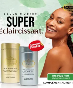 Une femme souriante aux cheveux tressés est représentée à côté de deux bouteilles de PILULES ORGANIQUES ULTIMES + VITAMINE C & COLLAGENE (ENSEMBLE LE PLUS ÉCLAIRCISSANT), favorisant l'éclaircissement de la peau et le soutien immunitaire.