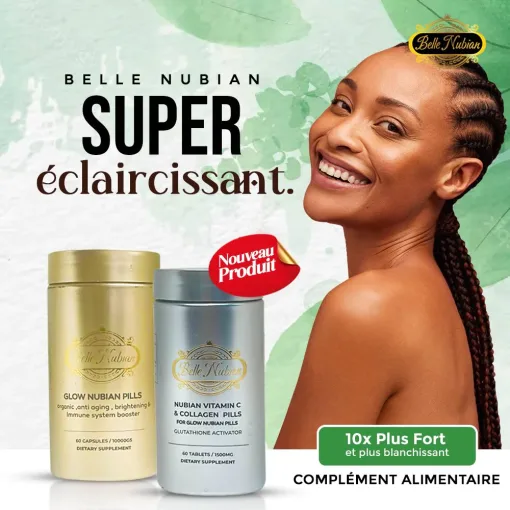 Une femme souriante aux cheveux tressés est représentée à côté de deux bouteilles de PILULES ORGANIQUES ULTIMES + VITAMINE C & COLLAGENE (ENSEMBLE LE PLUS ÉCLAIRCISSANT), favorisant l'éclaircissement de la peau et le soutien immunitaire.