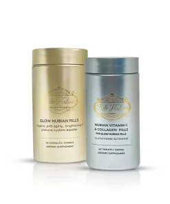 Two bottles of ULTIMATE ORGANIC PILLS + VITAMIN C & COLLAGEN (MOST BRIGHTENING SET) are placed side by side, featuring gold and silver labels.