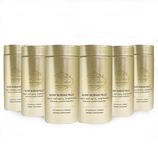 Six gold cylindrical bottles of ULTIMATE ORGANIC PILLS (THE MOST BRIGHTENING) - 6 BOTTLES are arranged in two rows against a white background.