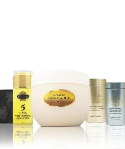 Le coffret ENSEMBLE MIRACLE EXTRA FORT (POUR PEAU METISSEE) présente six articles de soin - crèmes, lotions, pilules et savon - disposés en ligne sur un fond blanc.