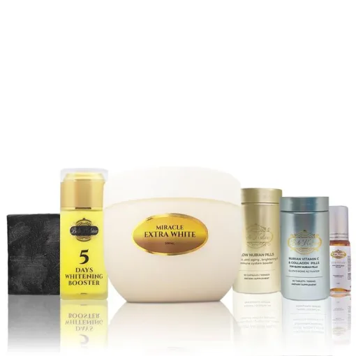 The MIRACLE SET EXTRA STRONG (FOR METICULOUS SKIN) features six skincare products: a soap bar, a powerful 5 Days Whitening Booster, a large Miracle Extra White jar, and three cylindrical containers for advanced skin care.