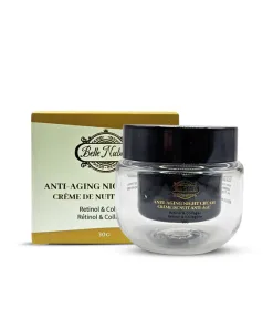 Un pot de CRÈME VISAGE NUIT COLLAGÈNE ET RÉTINOL, enrichie en rétinol et collagène, est exposé devant sa boîte d'emballage, 30g.