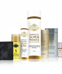 Le coffret de soins ENSEMBLE ECLAT MIRACLE AVANCE (AVEC HUILE MSW), comprenant une lotion, une huile, un sérum, des pilules et un savon, est disposé en ligne sur un fond blanc.
