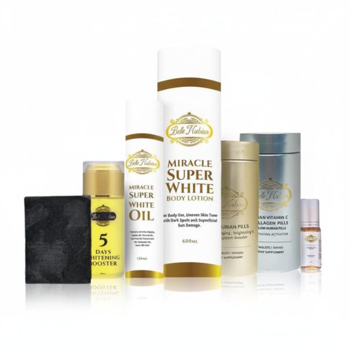 Le coffret de soins ENSEMBLE ECLAT MIRACLE AVANCE (AVEC HUILE MSW), comprenant une lotion, une huile, un sérum, des pilules et un savon, est disposé en ligne sur un fond blanc.