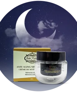 Un pot et une boîte de CRÈME VISAGE NUIT COLLAGÈNE ET RÉTINOL sont présentés dans un ciel nocturne avec un croissant de lune et des nuages.