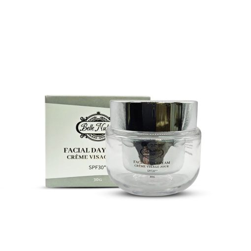 A jar of FACE CREAM DAY SPF30 is shown in front of its box, both labeled with product details. This nourishing face cream provides daily hydration and SPF30 protection.