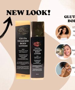 Deux emballages de lotion corporelle blanchissante au diamant sont présentés côte à côte, avec un design rafraîchi. Les ingrédients clés du diamond whitening et leurs avantages apparaissent sur la droite.