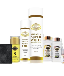 Le coffret de soins Belle Nubian ENSEMBLE ECLAT MIRACLE AVANCE (AVEC HUILE MSW) - comprenant des lotions, des huiles, des savons, des capsules et des sérums - est élégamment présenté sur un fond blanc.