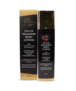 A 500ml bottle of DIAMOND WHITENING BODY LOTION with packaging, labeled with hyaluronic acid and vitamin C, designed for diamond whitening care on damaged skin.