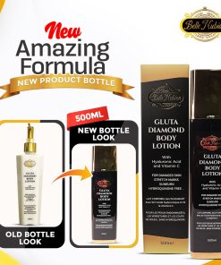 Comparaison de l'emballage de la lotion corporelle DIAMOND WHITENING BODY LOTION : ancien flacon blanc de 500 ml et nouveau flacon noir de 500 ml avec un étiquetage actualisé.