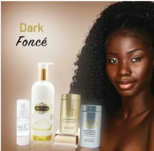 A woman with dark skin stands next to the LIGHTENING KIT FOR DARK SKIN, featuring bottles and jars, with "Dark Foncé" shown in the background.