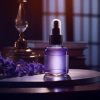 A purple glass dropper bottle of anti-spot serum rests on a round surface, bathed in warm light. Nearby are delicate purple flowers and a brass lamp. The skincare scene is elegantly set against a softly blurred background.