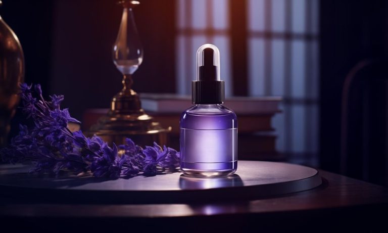 Un flacon compte-gouttes en verre rempli d'un liquide violet est posé sur une table, entouré de fleurs de lavande et d'une bougie. Une douce lumière illumine la pièce dans la pénombre. Idéal pour celles qui se demandent pourquoi utiliser un sérum, ce coffret évoque la tranquillité et le bien-être à chaque goutte.