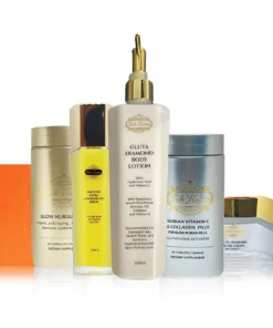 The ENSEMBLE DIAMANT POUR LE CORPS (ULTIMATE ORGANIC + VITAMINE C) set features six Belle Nubian products—lotion, oil, capsules, pills, soap, and cream—arranged together on a white background.
