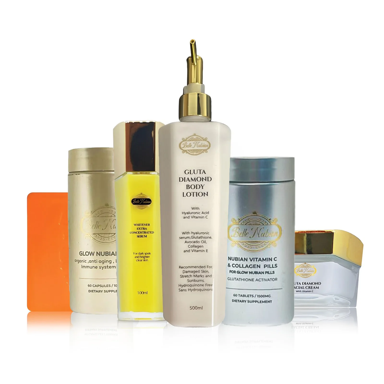 The ENSEMBLE DIAMANT POUR LE CORPS (ULTIMATE ORGANIC + VITAMINE C) set features six Belle Nubian products—lotion, oil, capsules, pills, soap, and cream—arranged together on a white background.