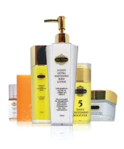 The ADVANCED DIAMOND BODY SET, featuring an elegant diamond pump bottle, soap bar, and a selection of whitening and brightening creams and serums, is displayed side by side on a white background for luxurious body care.