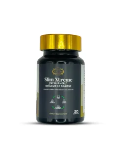 Une bouteille de complément alimentaire NEW SLIM XTREME FAT BURNER PILLS contenant 30 capsules minces, annoncées comme une solution pour brûler les graisses et perdre du poids. La bouteille a une étiquette noire avec des accents dorés.