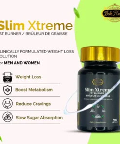 Image d'un produit étiqueté « NEW SLIM XTREME FAT BURNER PILLS » par Belle Nubian. Ces puissantes pilules brûleurs de graisse prétendent offrir des avantages tels que la perte de poids, la stimulation du métabolisme, la réduction des fringales et une absorption lente du sucre.