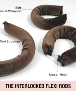 Trois tiges flexibles enveloppées de flanelle marron disposées en forme de U, chacune dotée d'un crochet métallique à une extrémité. Le mécanisme de tirage automatique assure une utilisation sans faille. Le texte indique : « LES TIGES FLEXIBLES ENCLENCHÉES.