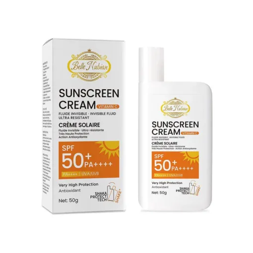 Découvrez la Crème Solaire Belle Nubian avec Vitamine C – SPF 50+, un fluide invisible ultra résistant qui offre une protection UVA/UVB exceptionnelle, présente une formule riche en antioxydants et résiste à l'eau et à la transpiration. Il est présenté dans un flacon pratique de 50 g.