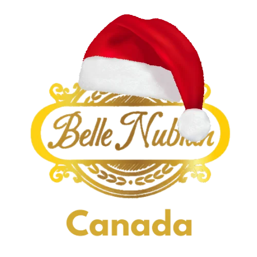 Logo de « Belle Nubian Canada » avec un design doré portant un chapeau de Père Noël rouge et blanc.