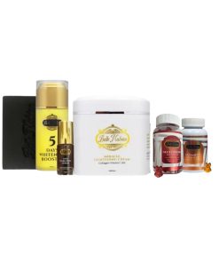 Le SET MIRACLE 2 de GAMME TEINT CLAIR présente un boost blanchissant, une crème, un petit sérum et deux flacons de vitamines, tous présentés côte à côte sur un fond blanc.