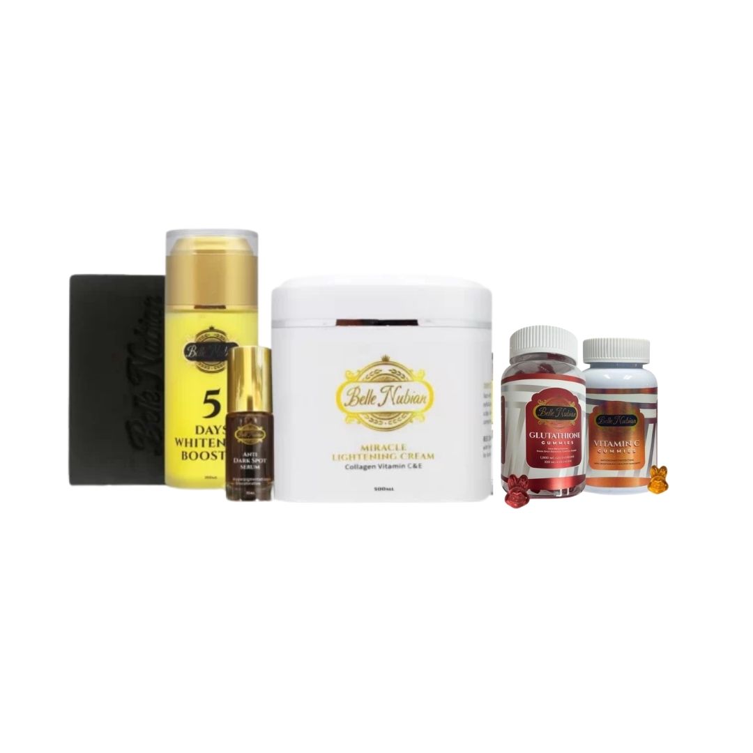 Le SET MIRACLE 2 de GAMME TEINT CLAIR présente un boost blanchissant, une crème, un petit sérum et deux flacons de vitamines, tous présentés côte à côte sur un fond blanc.