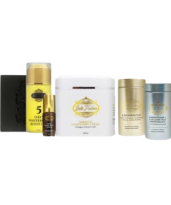 SET MIRACLE 2 produits de soin de la peau de Belle Nubian, comprenant des crèmes, des boosters, des pilules et un flacon compte-gouttes, sont disposés en ligne sur un fond blanc.