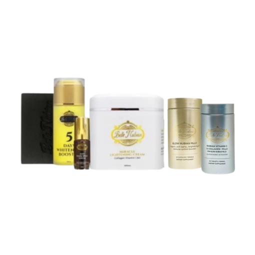 SET MIRACLE 2 produits de soin de la peau de Belle Nubian, comprenant des crèmes, des boosters, des pilules et un flacon compte-gouttes, sont disposés en ligne sur un fond blanc.