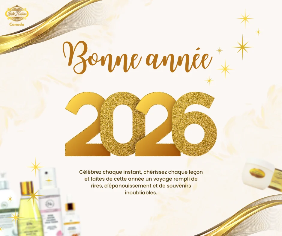 Le texte doré indique "Bonne année 2026" avec un message en français en dessous. Des produits de beauté sont représentés en bas. Le fond est blanc avec des étoiles et des rubans dorés.
