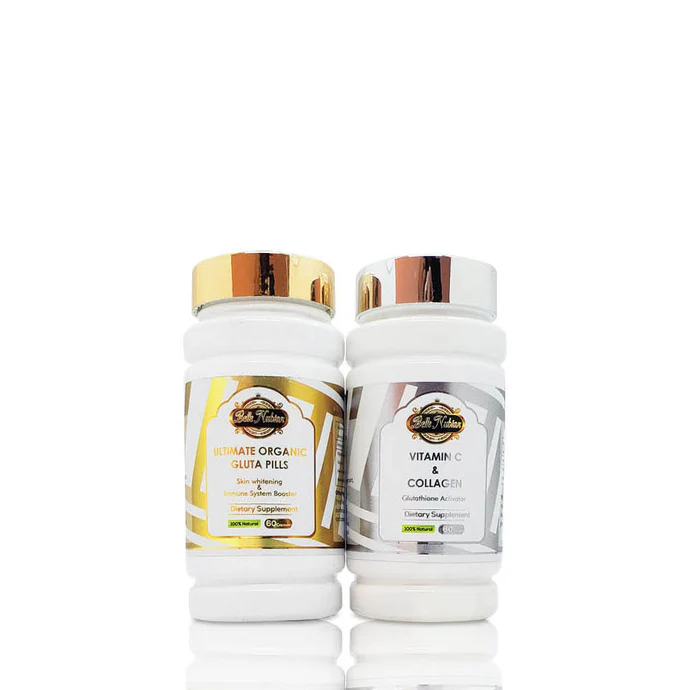 Deux flacons blancs, étiquetés "PILULES BIO ULTIMES + VITAMINE C & COLLAGÈNE (le set le plus éclairant)", se trouvent côte à côte sur un fond blanc, mettant en valeur leur formule biologique enrichie en vitamine C et en collagène. Deux flacons blancs, étiquetés "PILULES BIO ULTIMES + VITAMINE C & COLLAGÈNE (le set le plus éclairant)", se trouvent côte à côte sur un fond blanc, mettant en valeur leur formule biologique enrichie en vitamine C et en collagène.