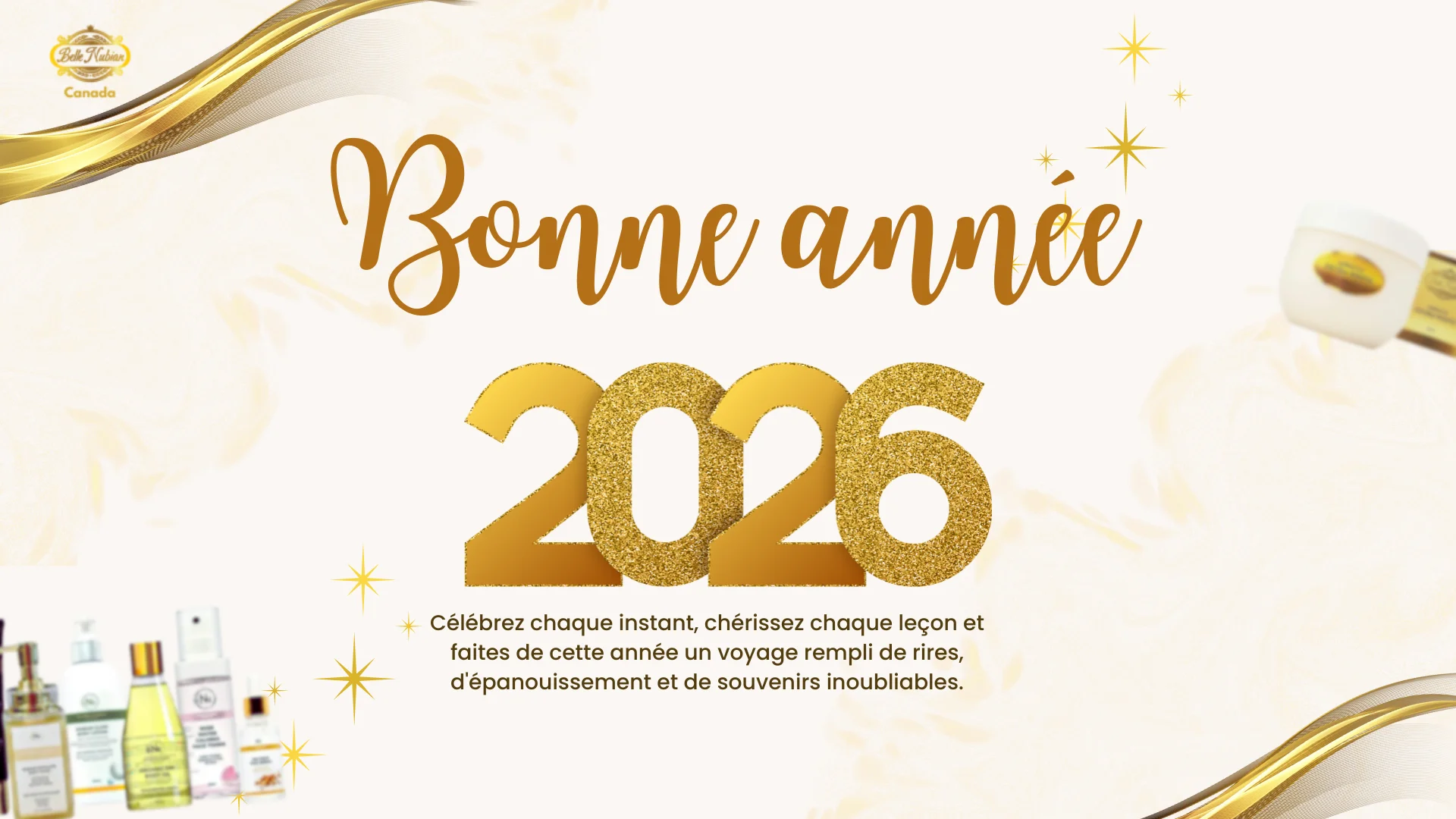 Un graphique or et blanc indique "Bonne année 2026" avec un court message du Nouvel An français, des flacons de parfum et un dessert bordé d'or sur le côté.