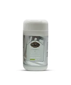 Un flacon blanc étiqueté "VITAMINE C & COLLAGENE ORGANIQUE", complément alimentaire formulé pour soutenir le collagène organique, est présenté sur un fond blanc uni.