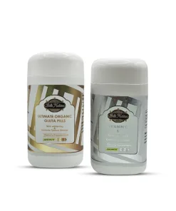 Deux flacons blancs étiquetés "PILULES BIO ULTIMES + VITAMINE C & COLLAGÈNE" avec des accents d'or et d'argent sont présentés côte à côte-le set le plus éclairant, formulé pour une peau éclatante.