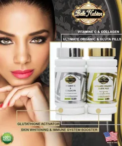 Une femme pose à côté de deux bouteilles de "PILULES BIO ULTIMES + VITAMINE C & COLLAGÈNE (le set le plus éclairant)", dont la promotion est faite pour éclaircir la peau et soutenir le système immunitaire.