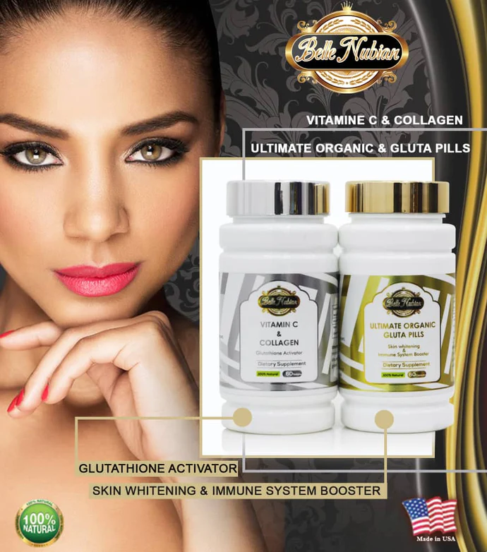 Une femme pose à côté de deux bouteilles de « PILULES BIO ULTIMES + VITAMINE C & COLLAGÈNE (le set le plus éclairant) », dont la promotion est faite pour éclaircir la peau et soutenir le système immunitaire. Une femme pose à côté de deux bouteilles de "PILULES BIO ULTIMES + VITAMINE C & COLLAGÈNE (le set le plus éclairant)", dont la promotion est faite pour éclaircir la peau et soutenir le système immunitaire.