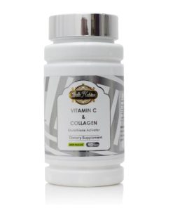 Un flacon blanc étiqueté "VITAMINE C & COLLAGENE ORGANIQUE" contient 60 gélules avec des accents verts et noirs, fournissant du collagène biologique et de la vitamine C pour le bien-être quotidien.