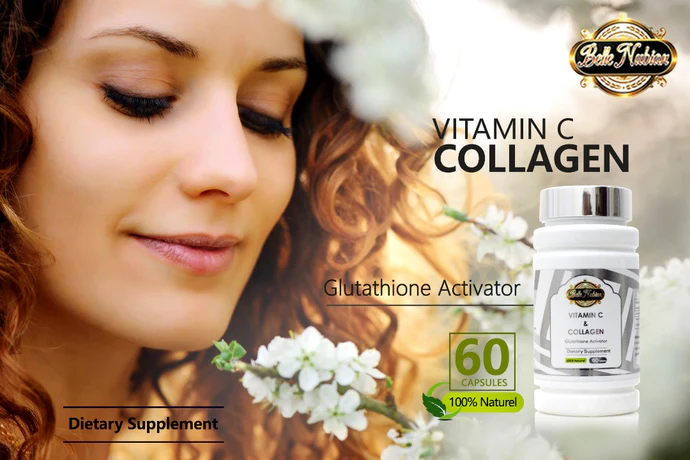 Une femme aux cheveux bouclés se tient près de fleurs blanches, à côté d’un flacon étiqueté « VITAMINE C & COLLAGENE ORGANIQUE », présenté comme un complément alimentaire activateur de glutathion naturel avec du collagène et de la vitamine C biologiques. Une femme aux cheveux bouclés se tient près de fleurs blanches, à côté d'un flacon étiqueté "VITAMINE C & COLLAGENE ORGANIQUE", présenté comme un complément alimentaire activateur de glutathion naturel avec du collagène et de la vitamine C biologiques.