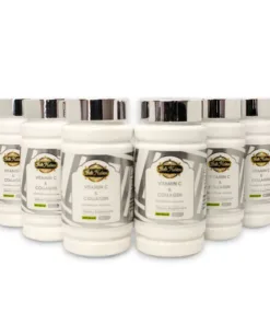 Six bouteilles blanches de "VITAMINE C ULTIME & COLLAGENE - 6 FLACONS" avec des bouchons argentés sont présentées sur un fond blanc, mettant en valeur les bienfaits quotidiens de la vitamine C et du collagène.