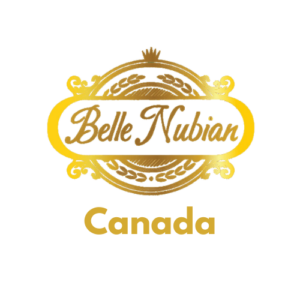 Le logo de Belle Nubian Canada est composé d'éléments décoratifs dorés et d'un texte stylisé sur fond blanc.